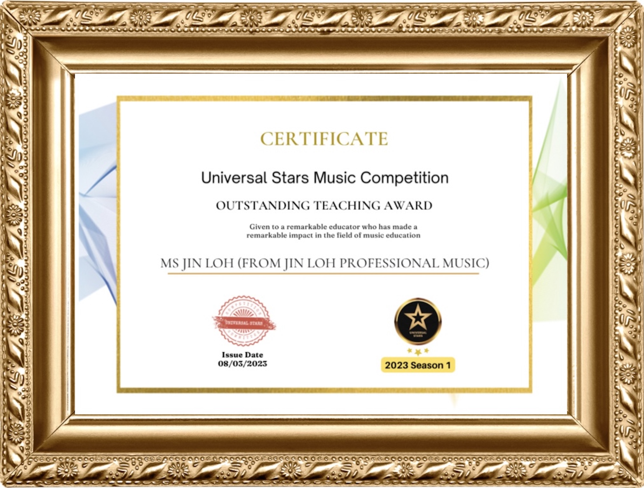 2022 Universal Stars Competition Teacher Certificate (gold frames)