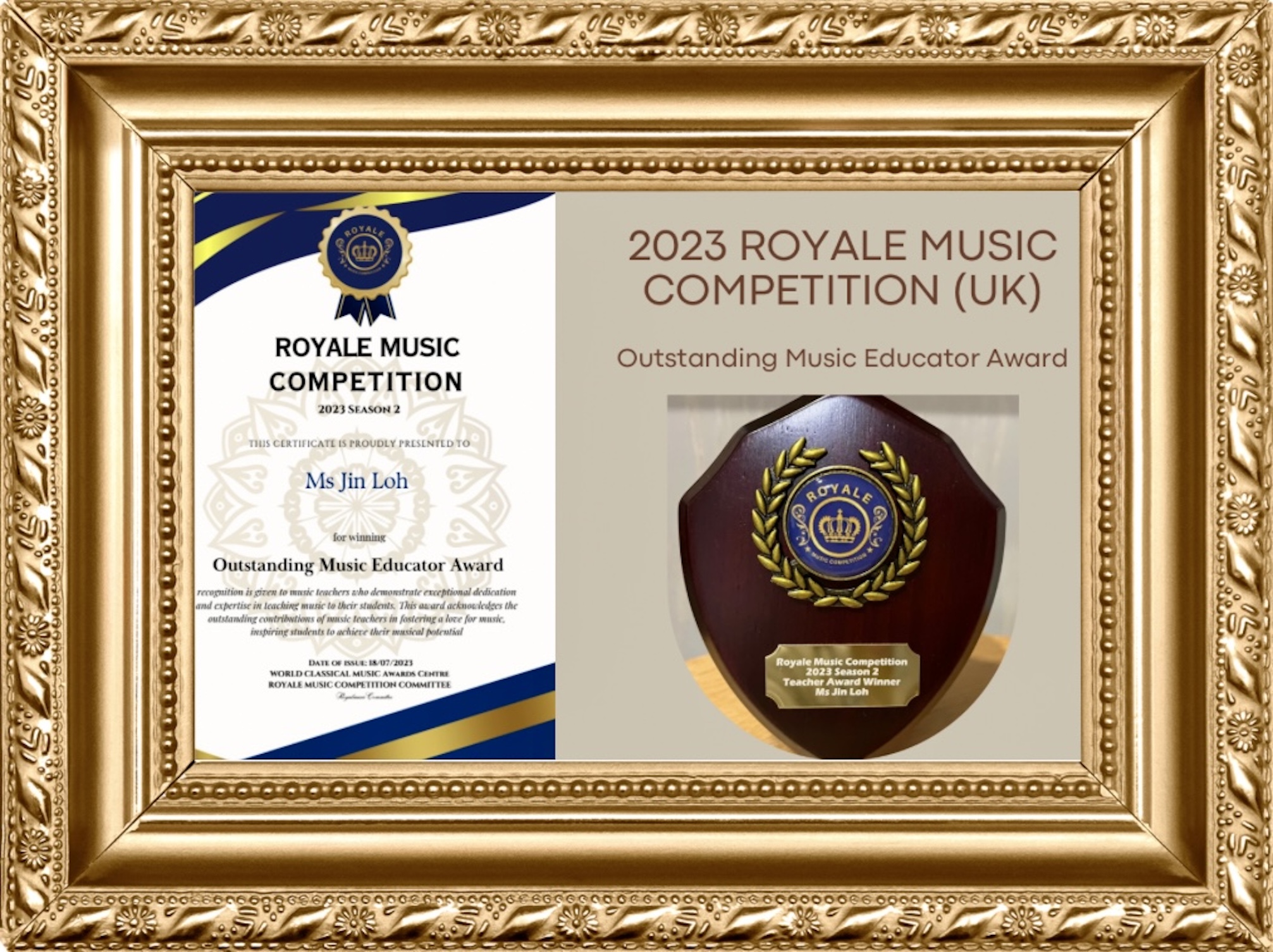 2023 Royale Music Competition Teacher Certificate (frame)