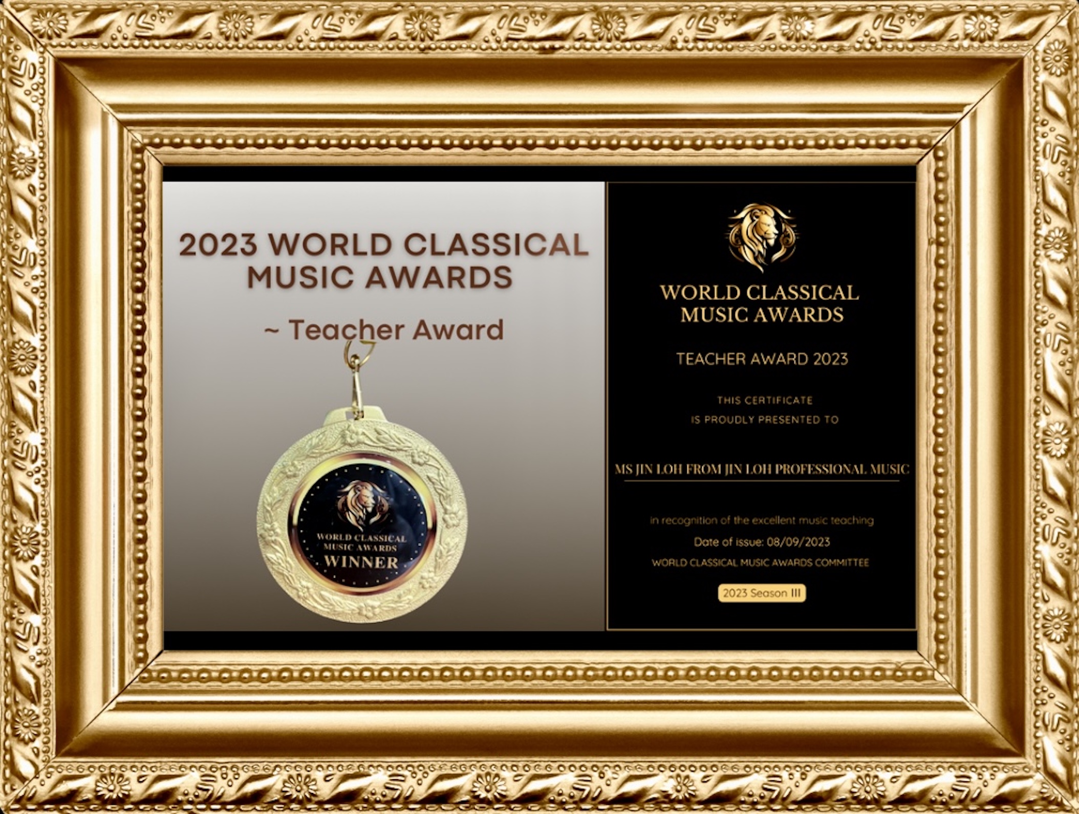 2023 World Classical Music Awards Teacher Certificate (frame)