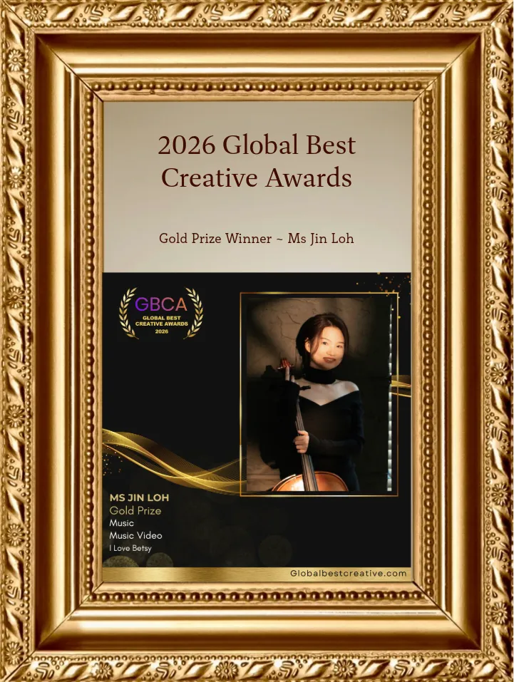 Official winner poster featuring Ms Jin Loh – Gold Prize, Global Best Creative Awards 2026, Music Video Category