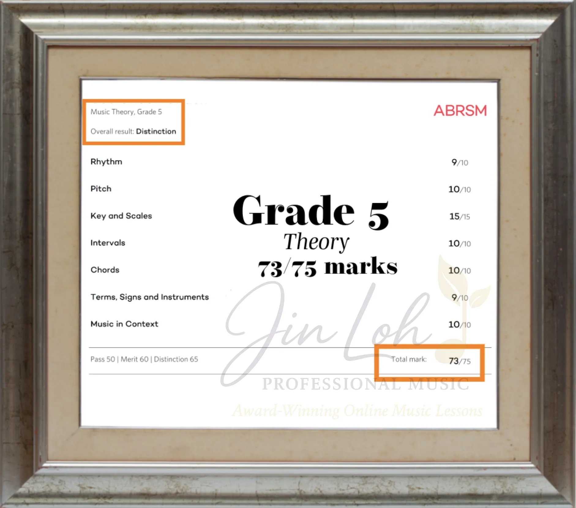 ABRSM Music Theory Grade 5 examination marksheet showing 73/75 marks achieved by a student taught by international award-winning music educator Ms Jin Loh
