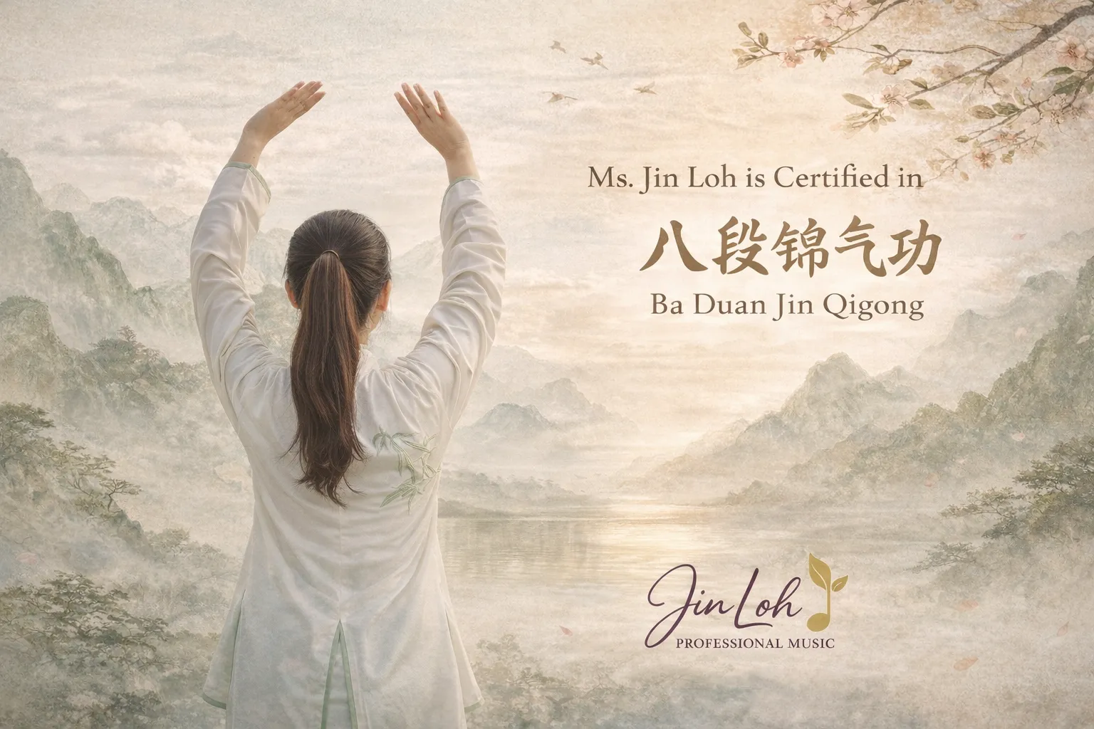 Ms. Jin Loh having completed formal training and certification assessment in Ba Duan Jin Health Qigong within her cross-cultural studies in traditional Chinese movement practice.