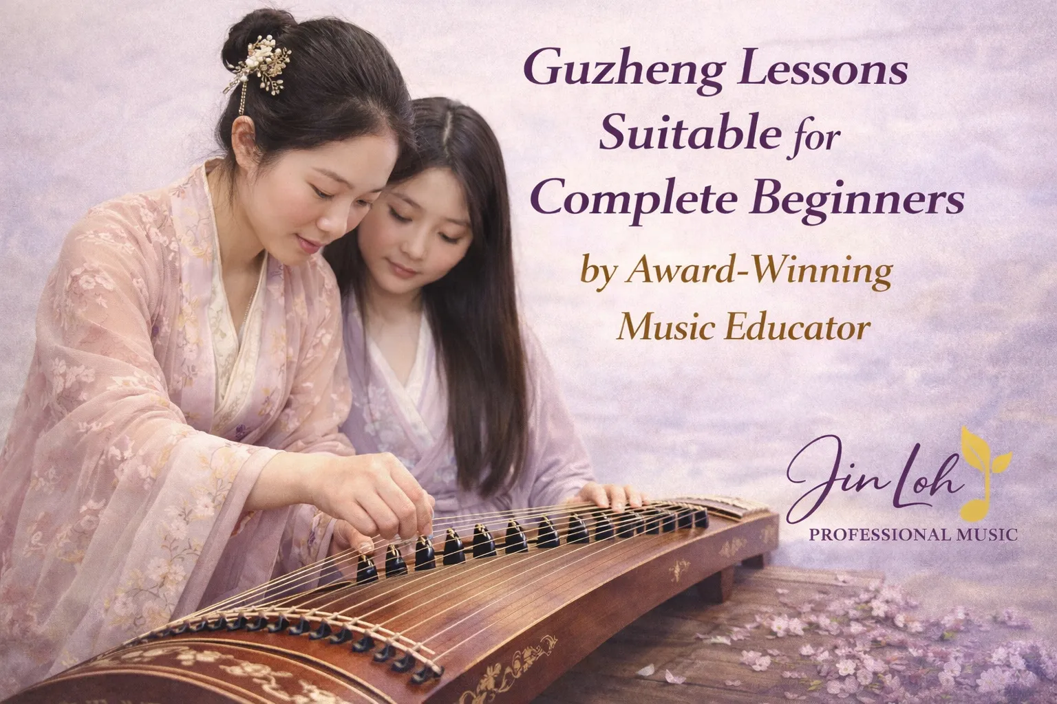Guzheng teacher Ms Jin Loh guiding complete beginners in guzheng setup, including bridge placement, tuning, restringing and preparing a brand-new Chinese zither