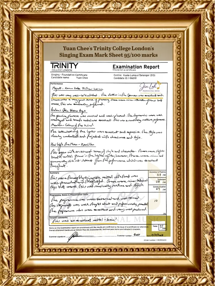 2018 Trinity College London Jane Kong exam mark sheet 95 marks