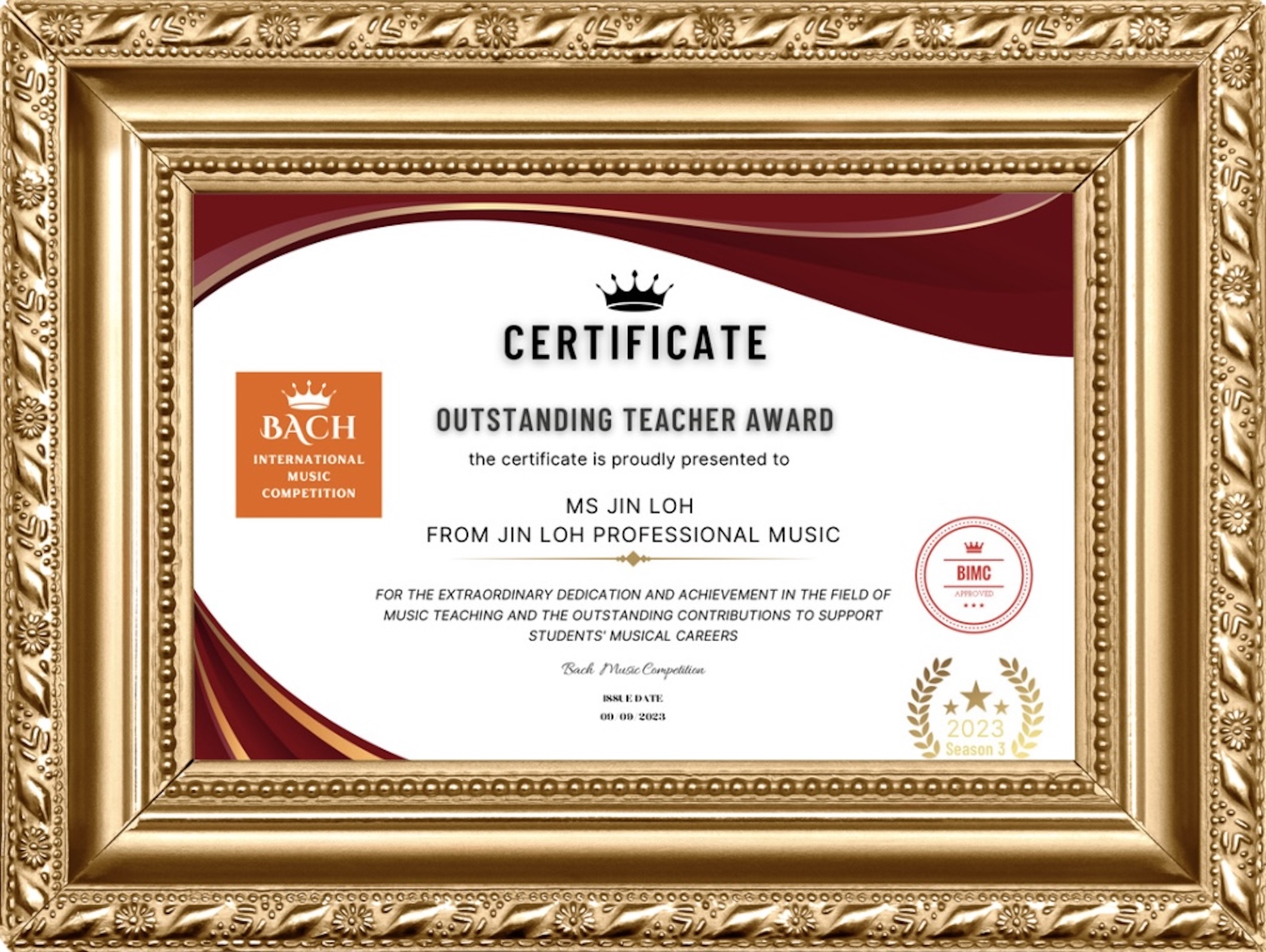 2023 Bach International Music Competition Teacher Certificate