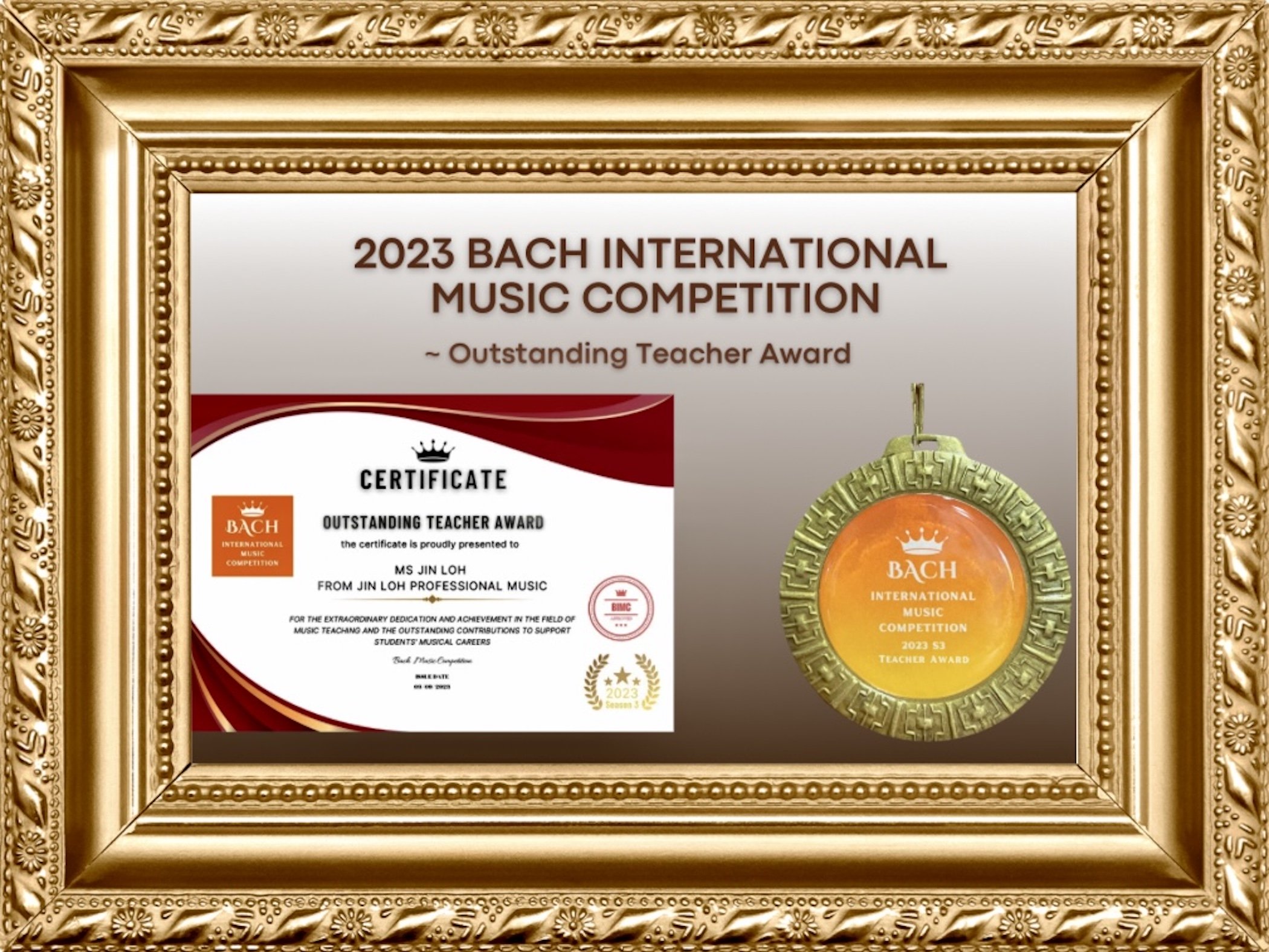 2023 Bach International Music Competition Teacher Certificate (frame)