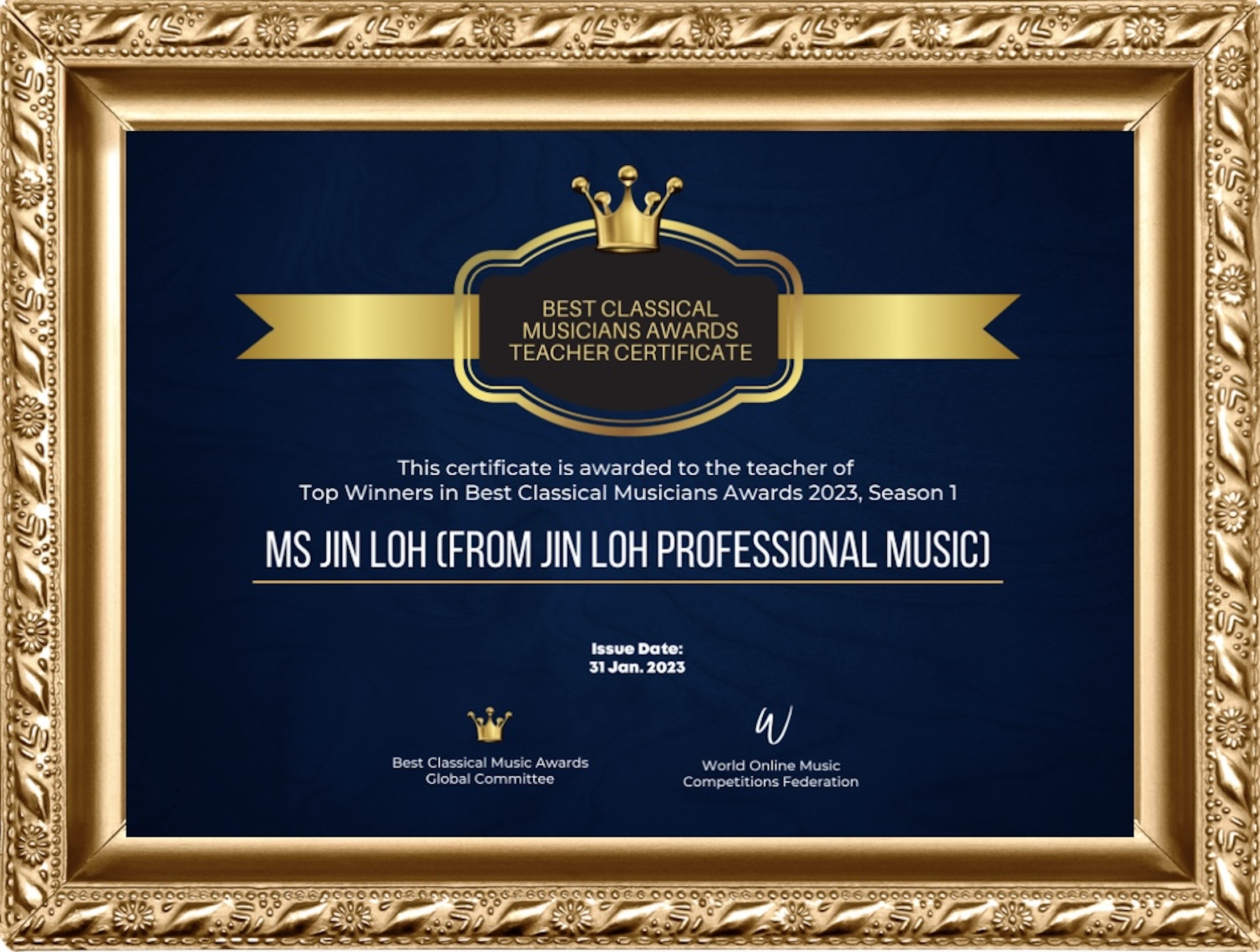 2023 Best Classical Musicians Award Teaching Certificate (with Frames)