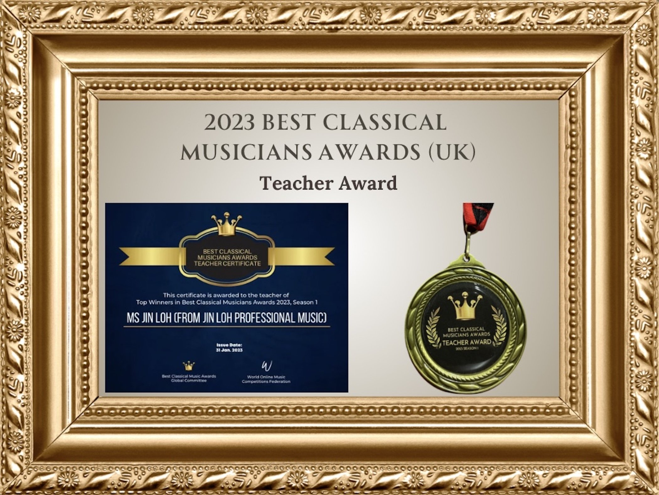 2023 Best Classical Musicians Awards Teacher Certificate (with frame)