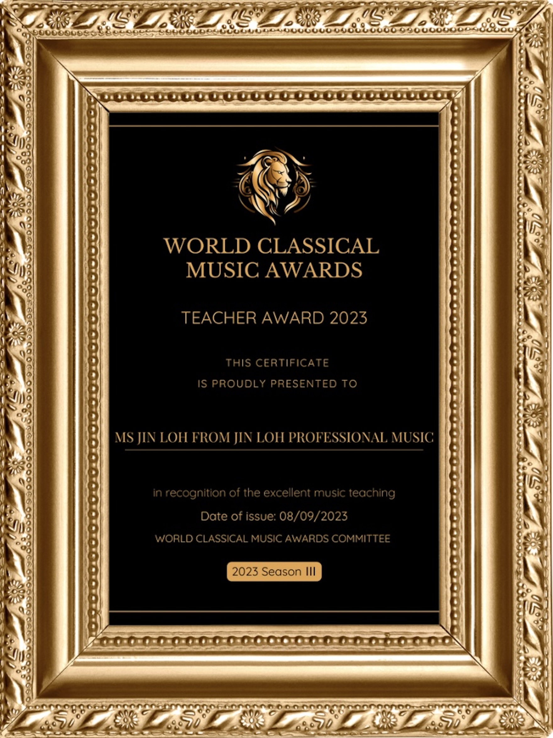 2023 World Classical Music Awards Teacher Certificate