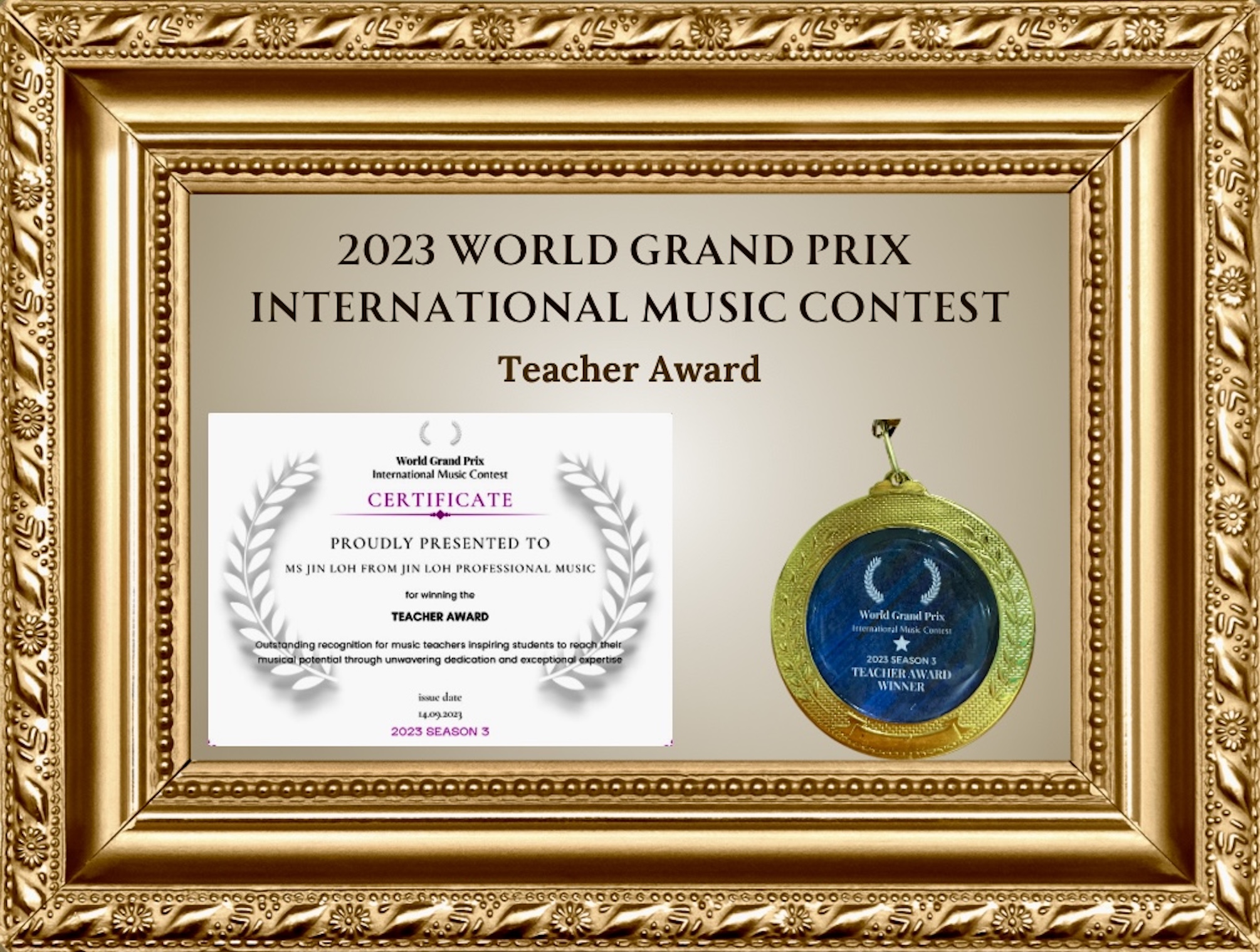 2023 World Grand Prix International Music Contest Teacher Certificate (frame)