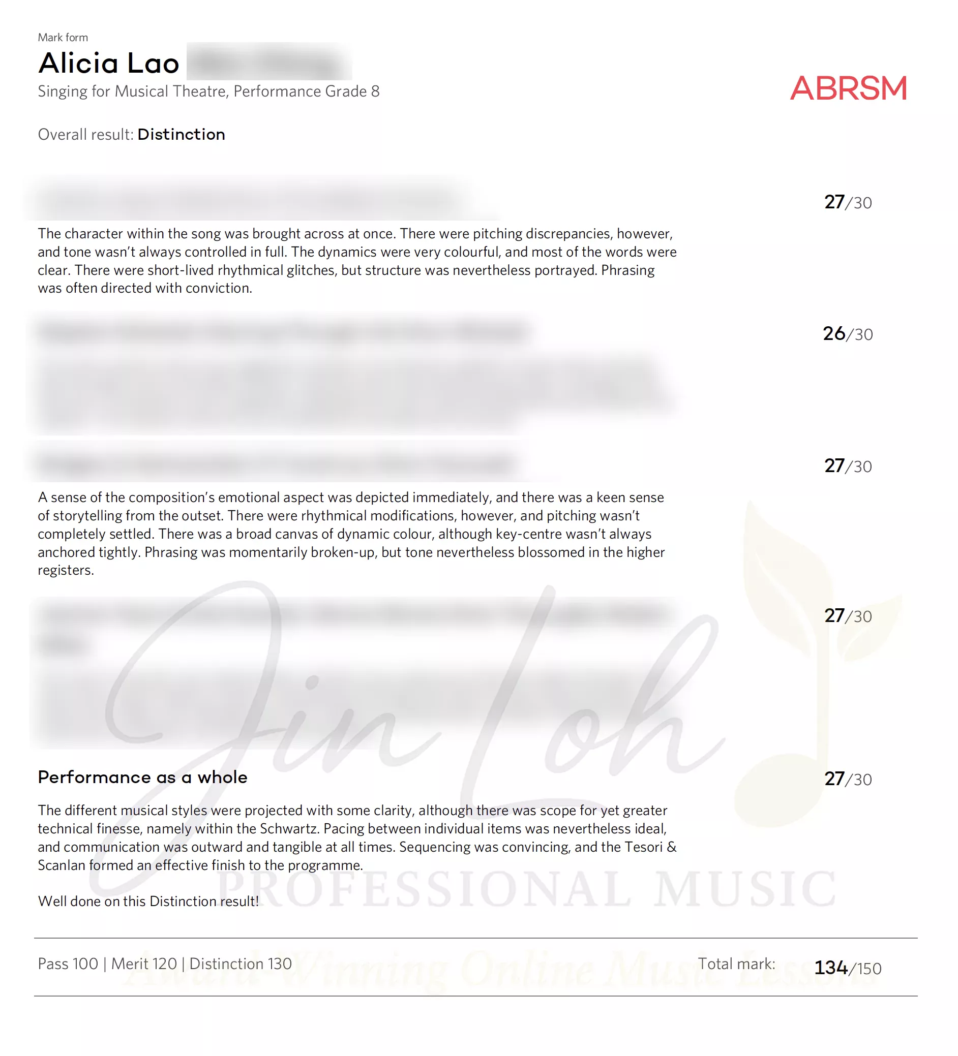 Official ABRSM Grade 8 Singing Distinction Mark Sheet 2026 – Alicia Lao