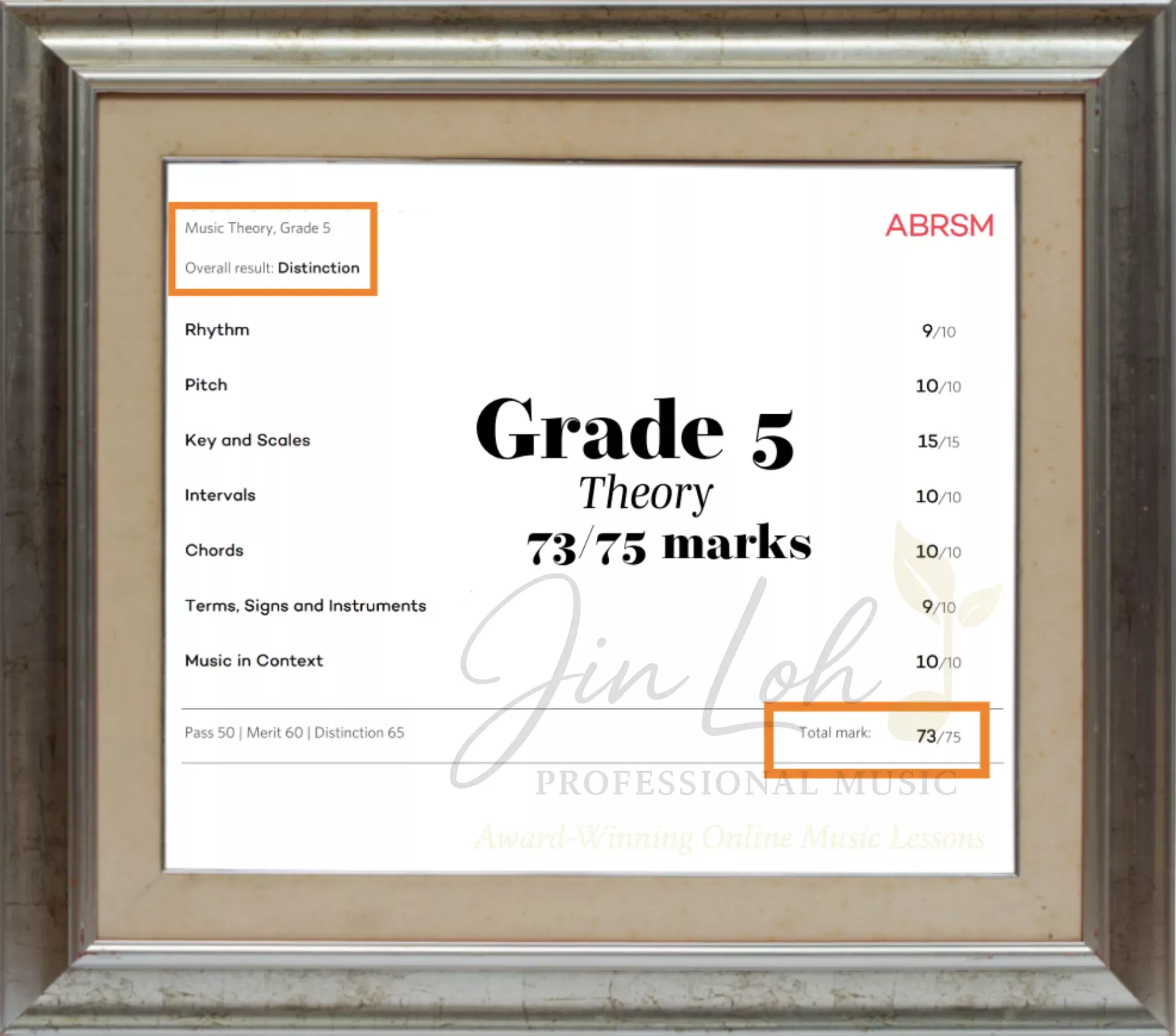ABRSM Music Theory Grade 5 examination marksheet showing 73/75 marks achieved by a student taught by international award-winning music educator Ms Jin Loh