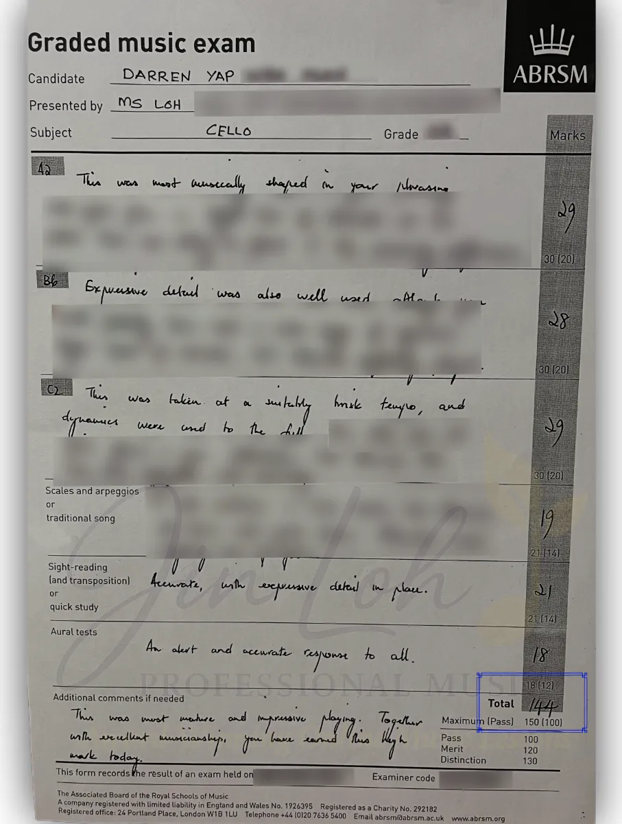 ABRSM cello examination high distinction result 144/150 with examiner remarks and performance scores